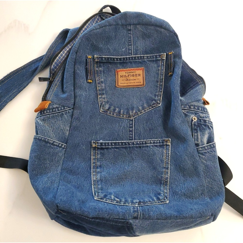 TOMMY HILFIGER Blue Denim Backpack Bag VTG Y2K Rare HTF distressed zipper